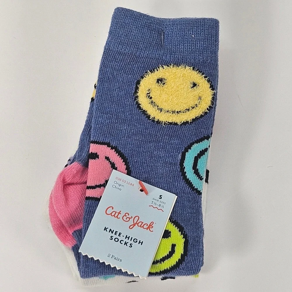 Cat & Jack Kids‎ Knee High Socks 2 Pairs Smiley Face Print Size S Shoe 5.5-8.5
